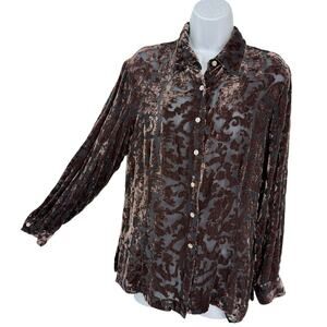 Merona Silk Blend Velvet Burn-out Button Up Top Gray Mauve Floral size Medium